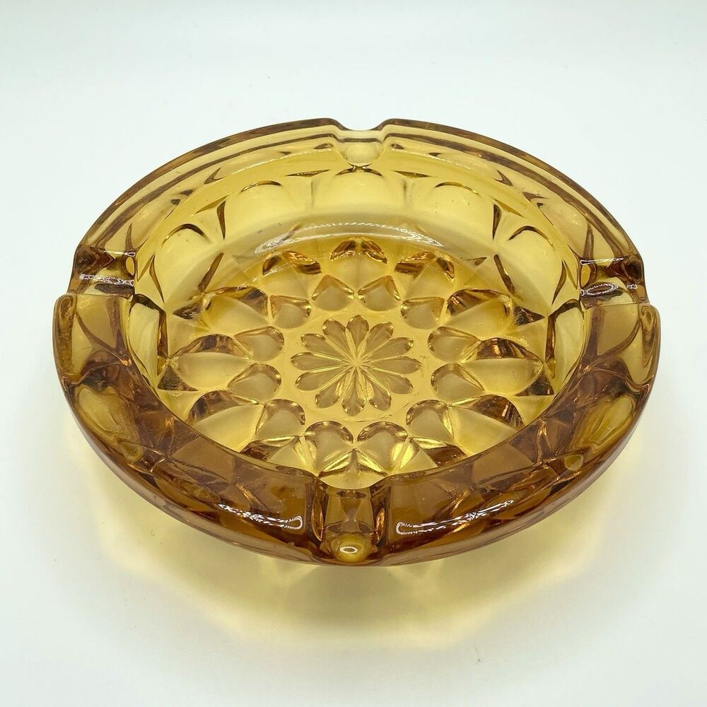 Vintage MCM Gold Glass Ashtray Fairfield By Anchor Hocking Starburst 60s-70s